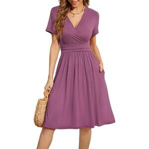 Women Mauve Short Sleeve V-Neck Floral Stretchy Party Dress with Pockets
